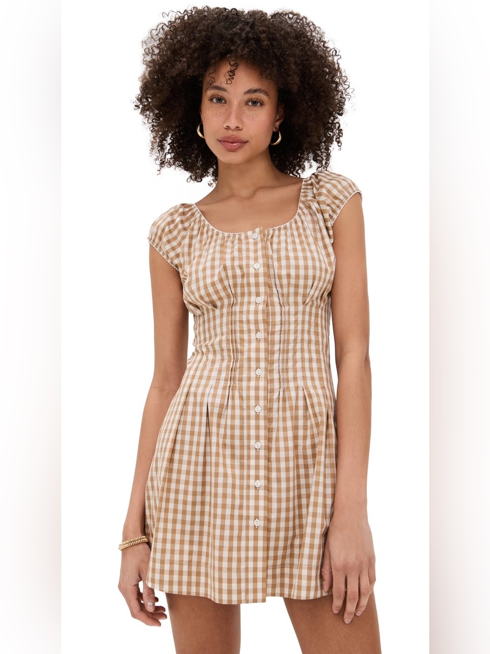 Women’s Tan Gingham Button-Front Dress